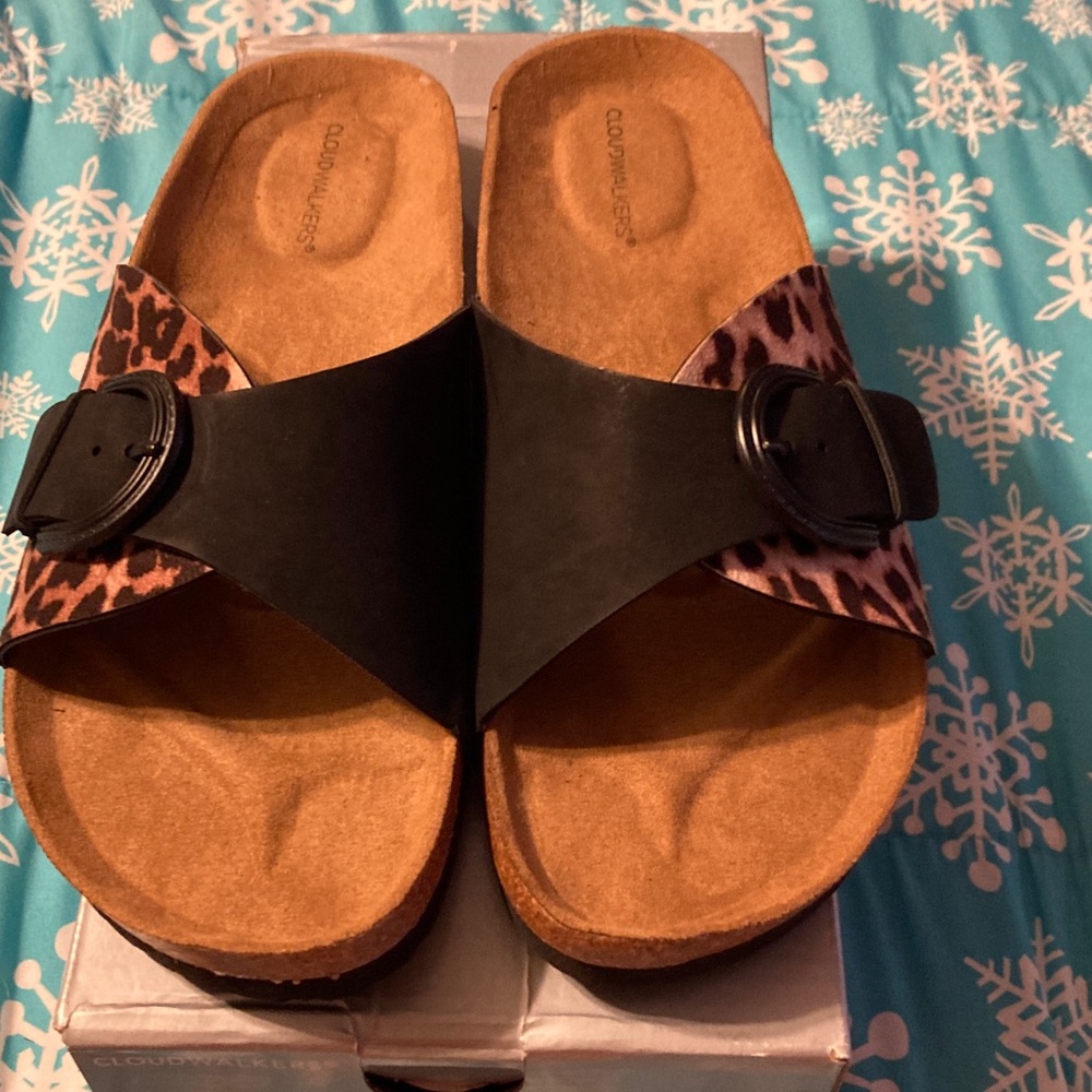 Cloudwalkers Black and Leopard Sandals/Slides